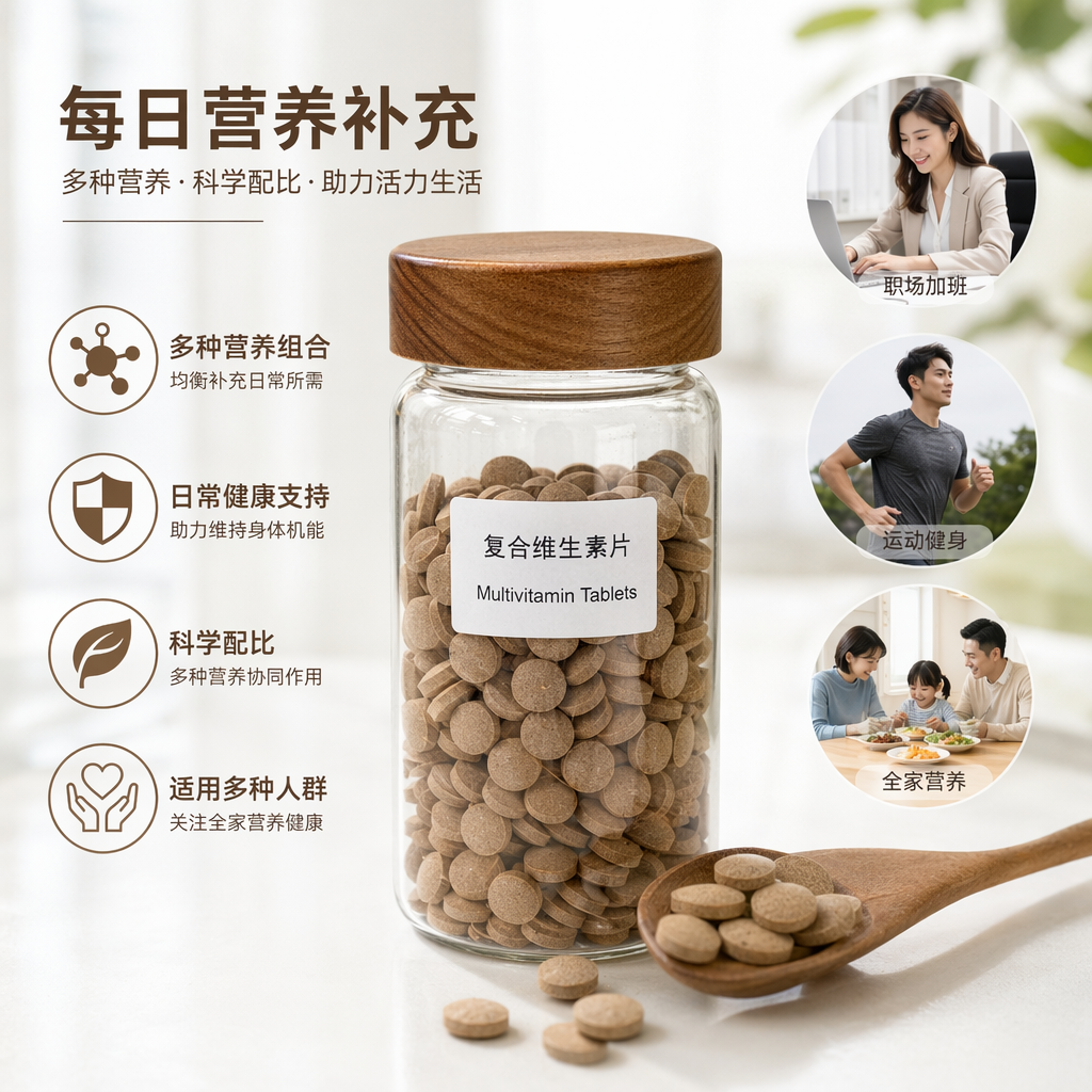Transparent glass canned multivitamin tablet nutritional supplement, one tablet per day for adults