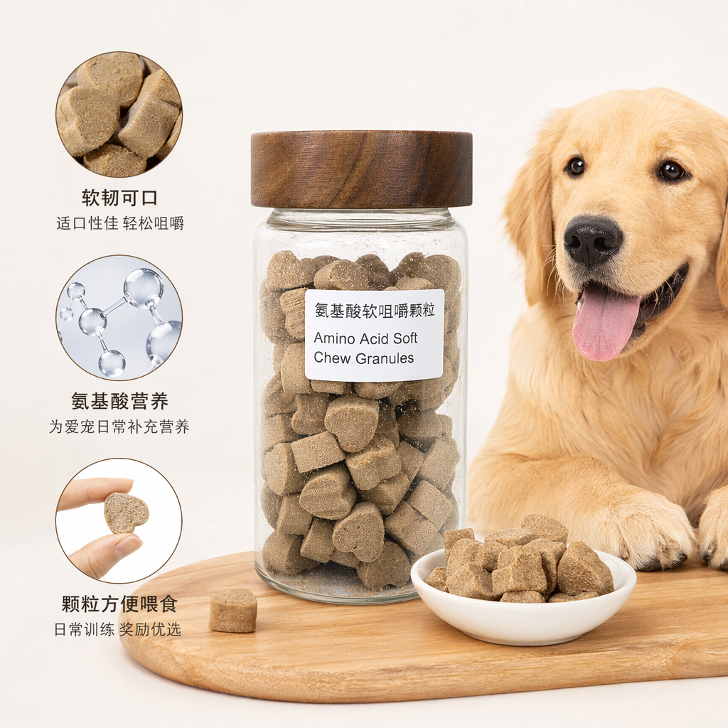 A transparent glass jar with a wooden lid holds amino acid soft chewable granules