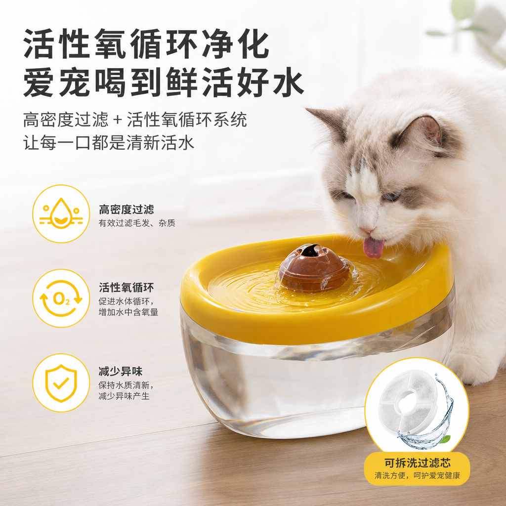 Yellow pet water dispenser, automatic circulation silent model, suitable for both cats and dogs, large capacity