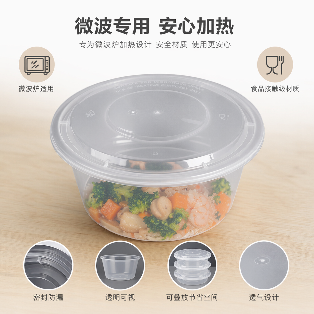 透明圆形一次性打包盒 食品级PP材质 密封防漏 可微波加热