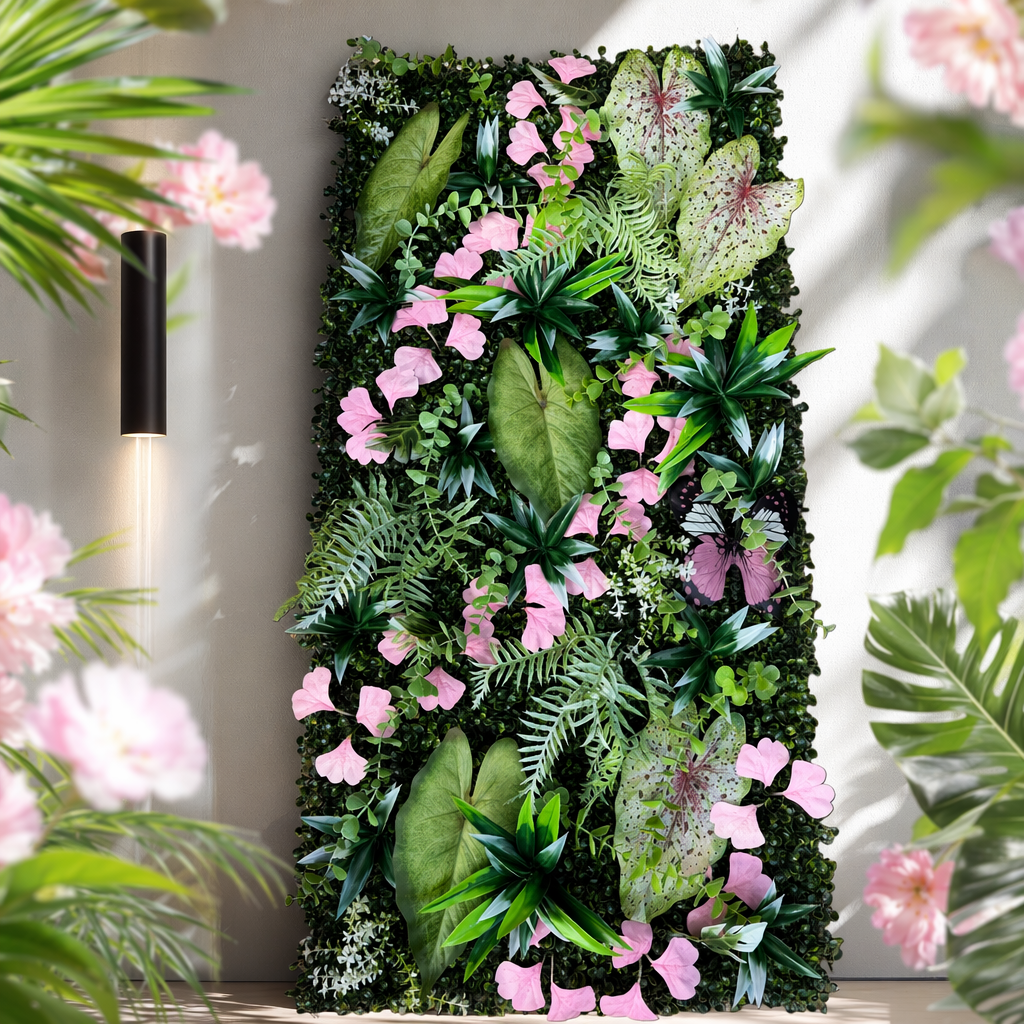 绿色植物墙装饰，为人工绿植与粉色花瓣组合的墙面装饰板细节图