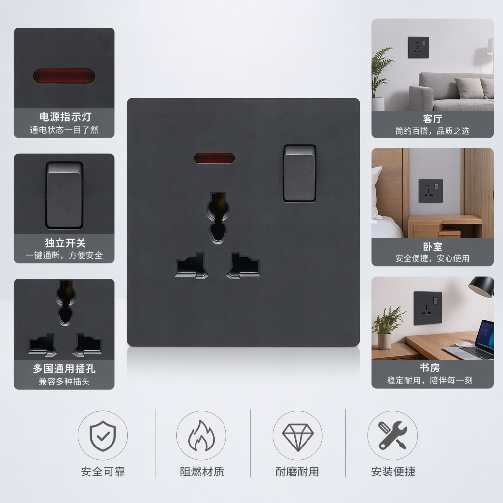 T2 Gold/Grey 13A multi-functional wall socket, suitable for home and office use, exclusively for export