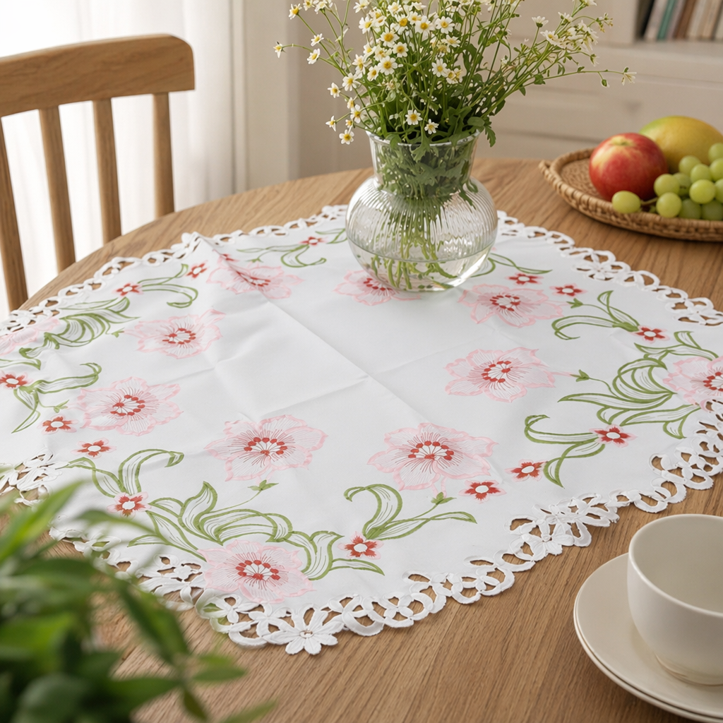 White floral embroidered tablecloths, tablecloths and living room decorative fabrics details Picture