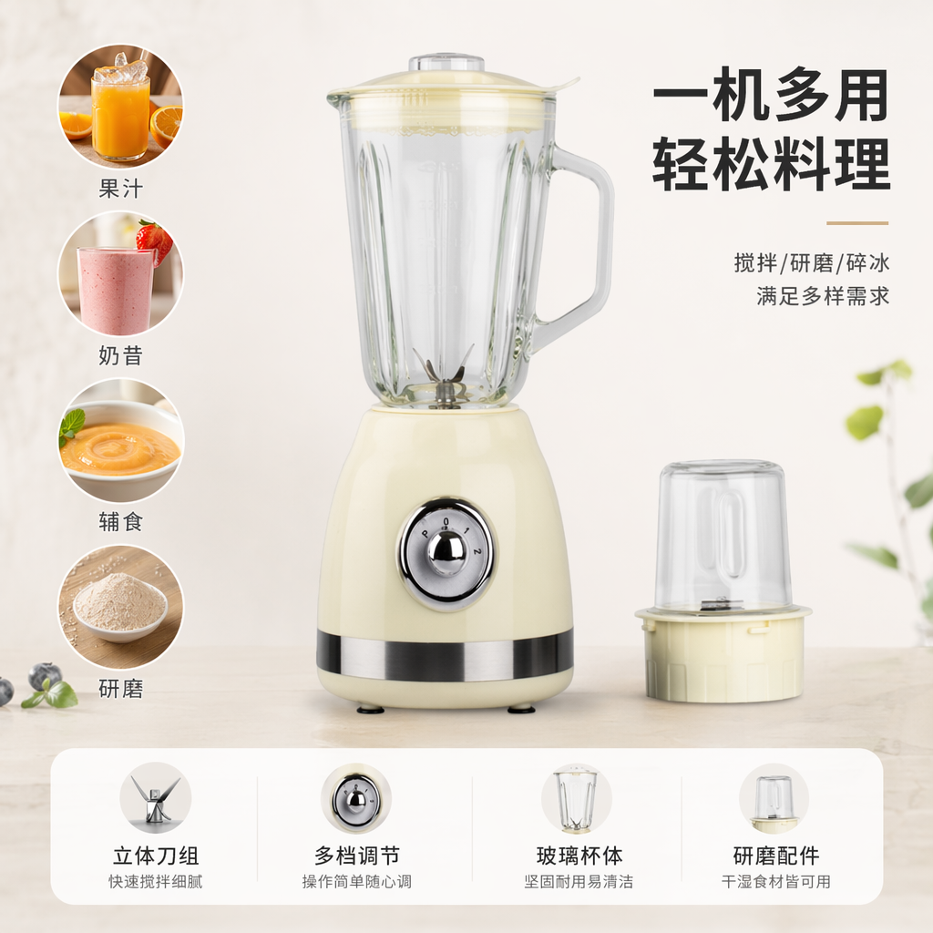 米色家用搅拌机多功能破壁机厨房料理机静音设计