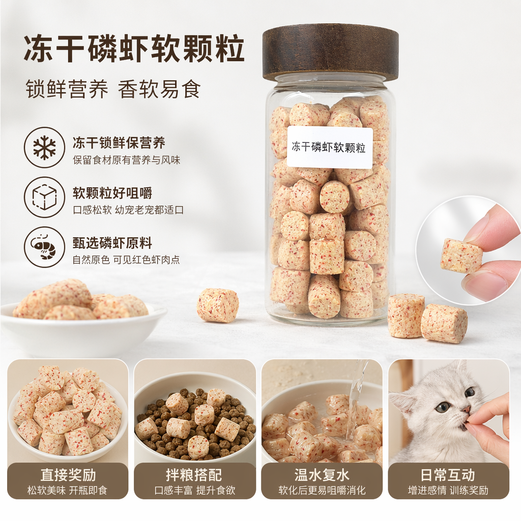 Transparent glass canned freeze-dried krill soft granule pet nutrition snacks are high in protein and easy to digest