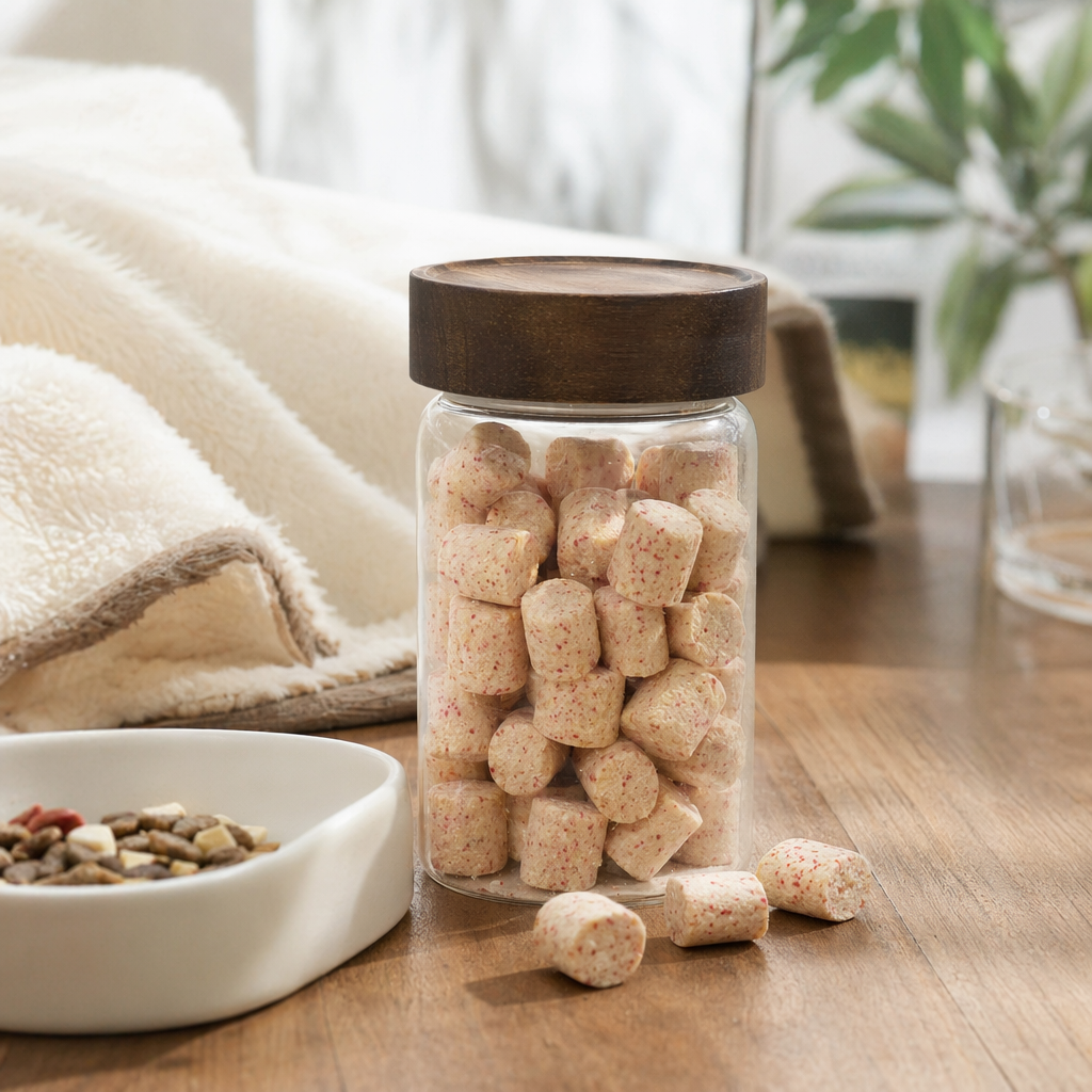 Transparent glass canned freeze-dried krill soft granule pet nutrition snacks are high in protein and easy to digest details Picture