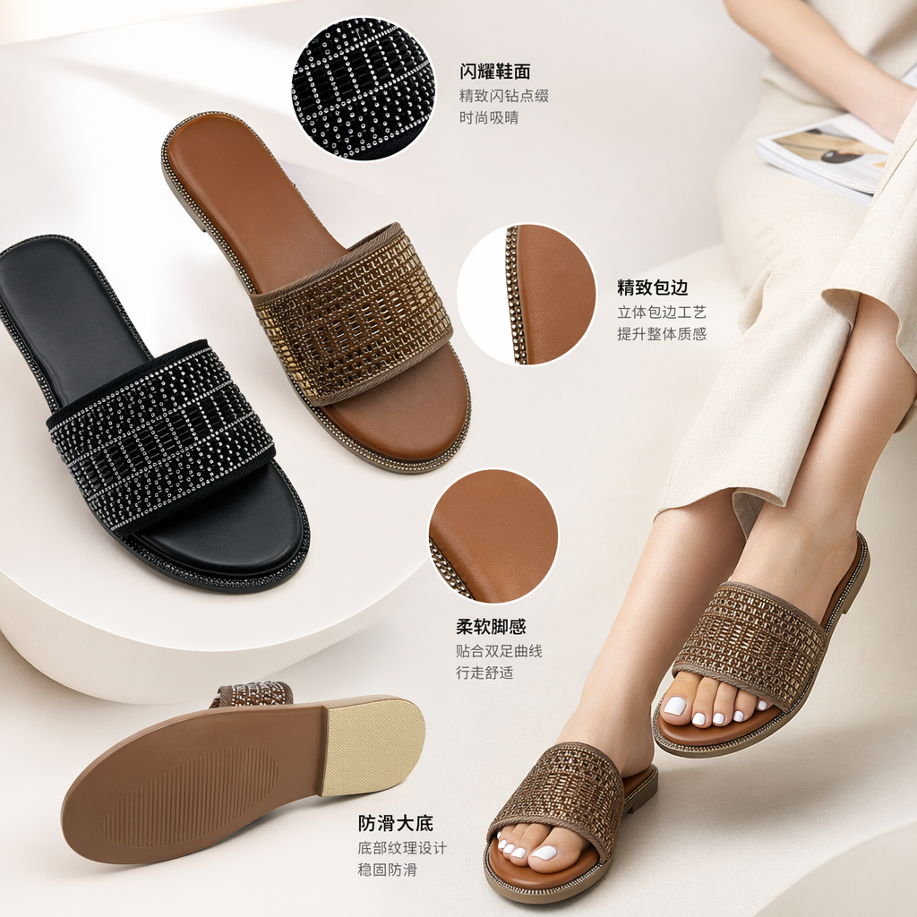 Black diamond-encrusted flip-flops, brown diamond-encrusted flip-flops, one-piece formed anti-slip flip-flop soles