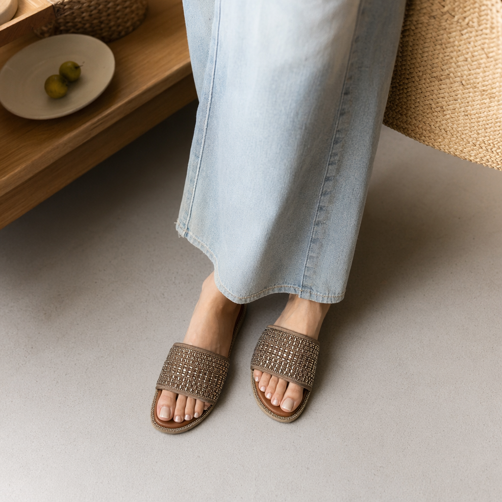Black diamond-encrusted flip-flops, brown diamond-encrusted flip-flops, one-piece formed anti-slip flip-flop soles details Picture