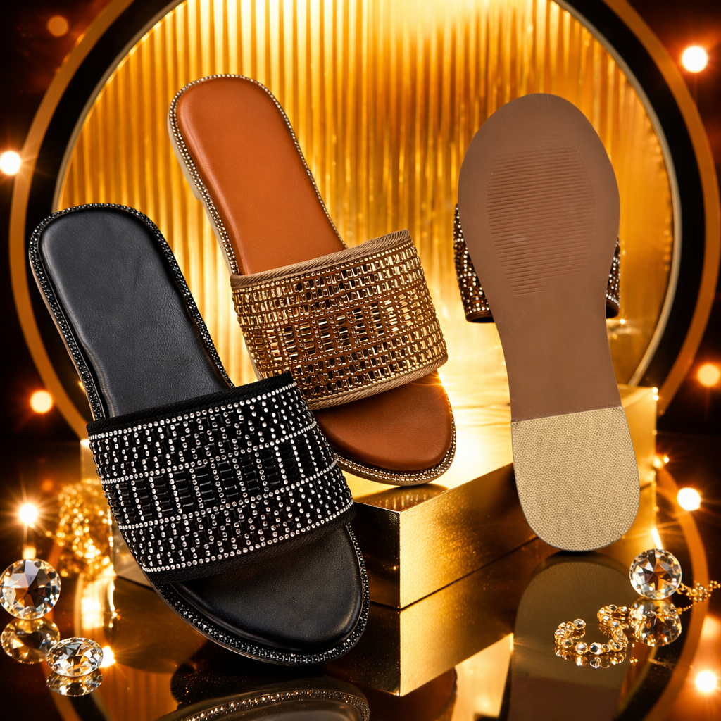 Black diamond-encrusted flip-flops, brown diamond-encrusted flip-flops, one-piece formed anti-slip flip-flop soles Specification image