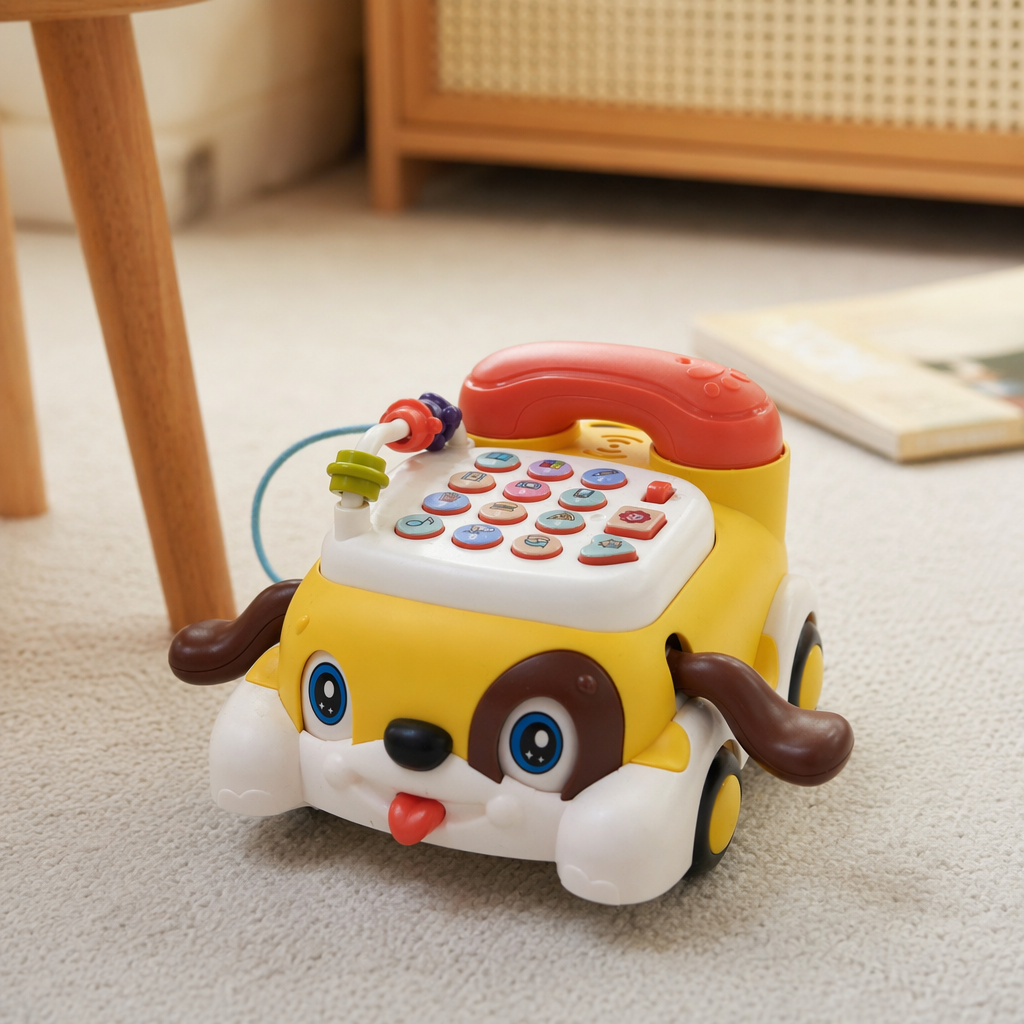Yellow dog-shaped toy phone for children's intelligence and early education with sound interaction details Picture