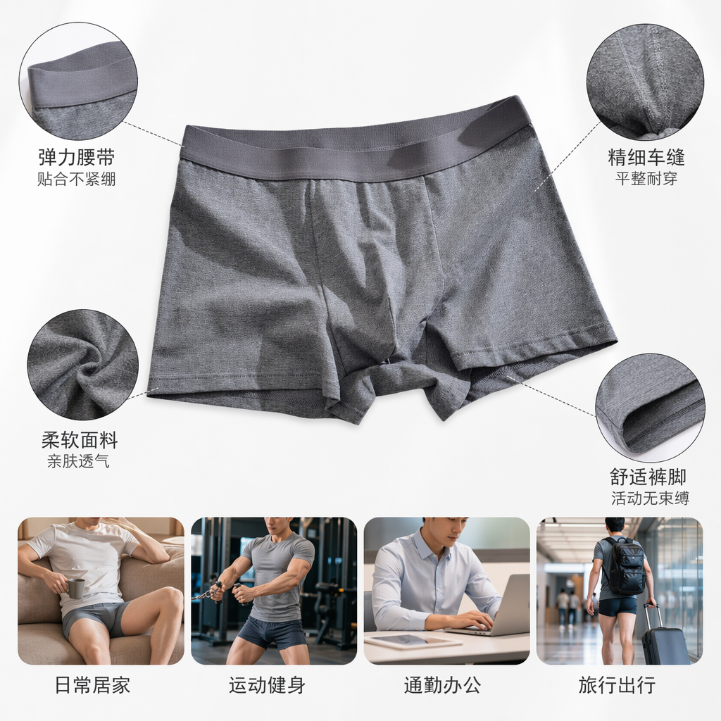 灰色纯棉男士内裤平角舒适透气基础款
