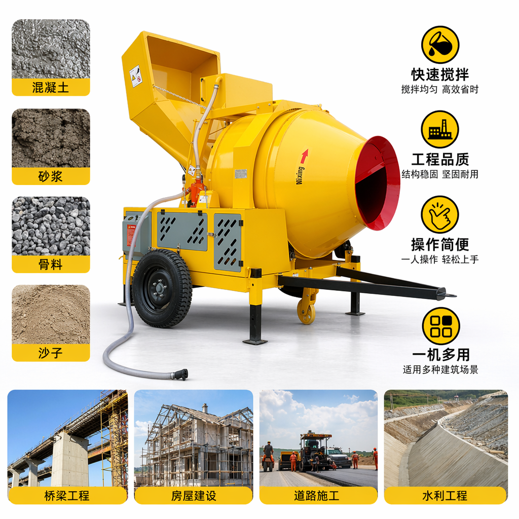 Yellow concrete mixer 350L large-capacity horizontal drum type, specially designed for engineering construction