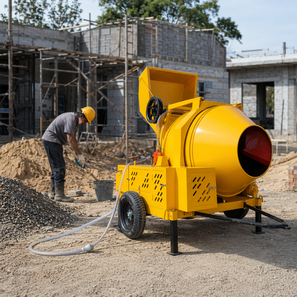 The yellow concrete mixer is a small portable electric mixer for construction projects details Picture