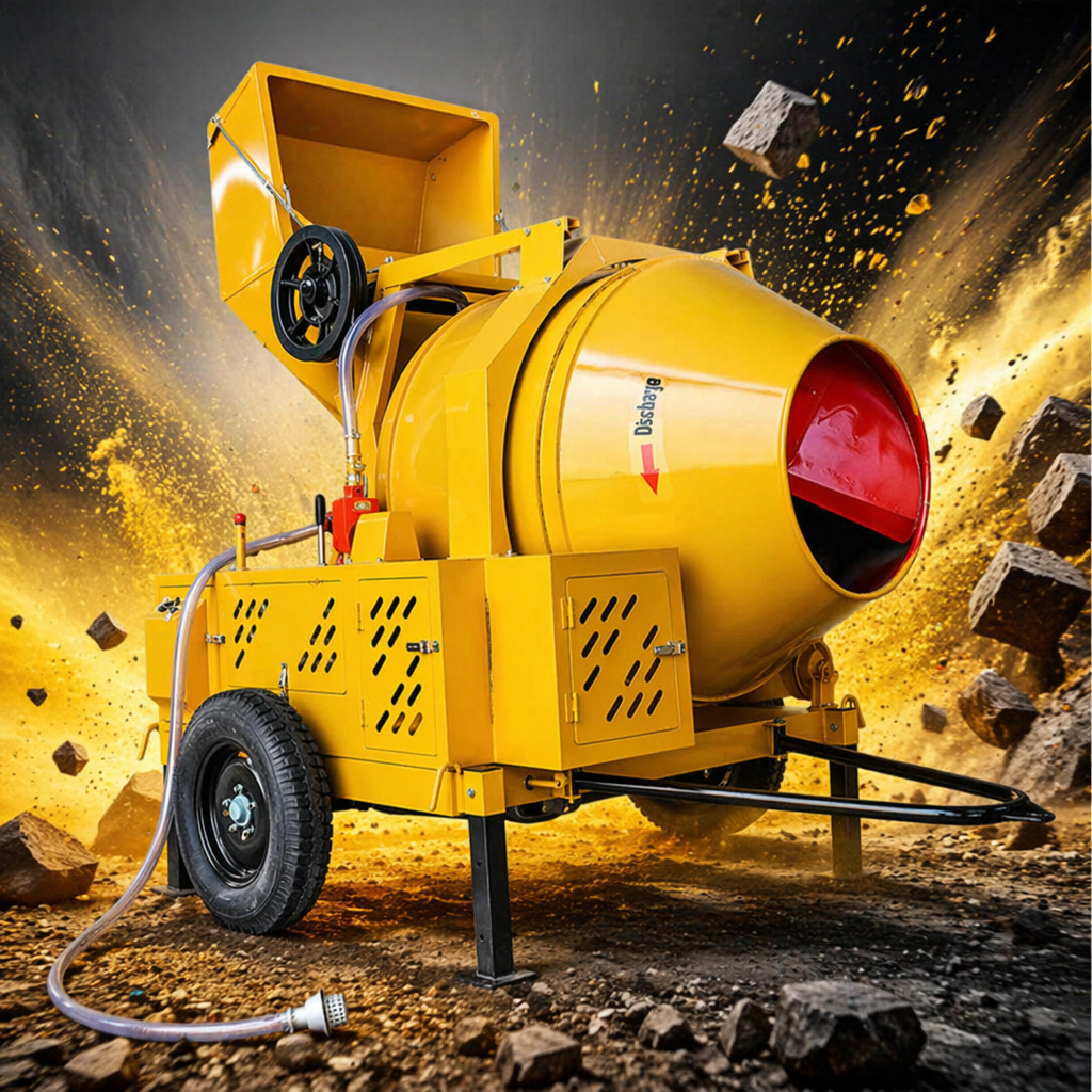 The yellow concrete mixer is a small portable electric mixer for construction projects Specification image