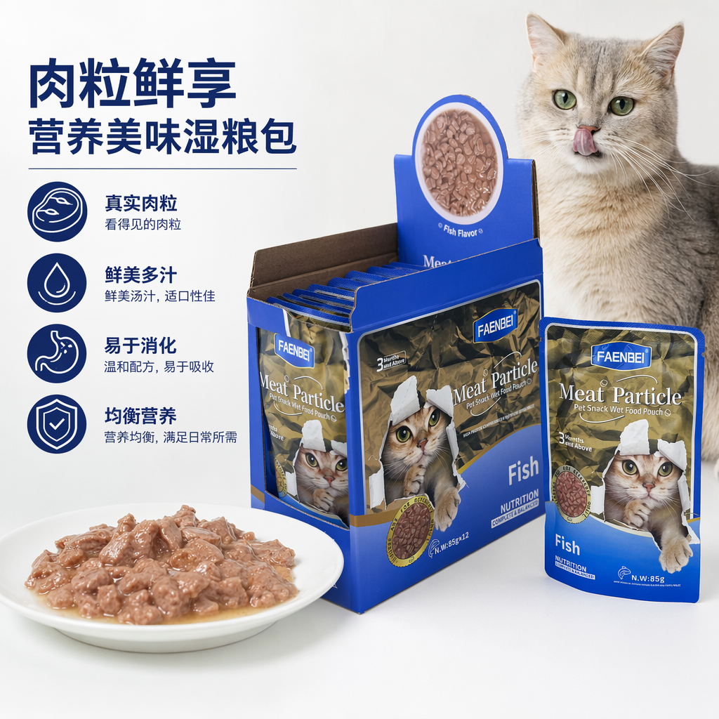 FAENBEI橙色猫粮包装盒及独立小袋牛肉味肉粒宠物湿粮pouch破纸效果猫咪图案Meat Particle