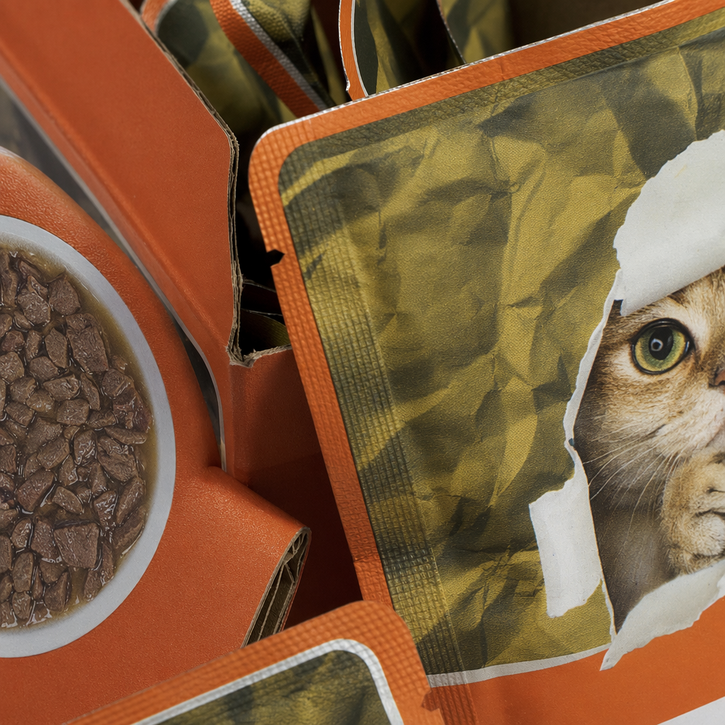 FAENBEI橙色猫粮包装盒及独立小袋牛肉味肉粒宠物湿粮pouch破纸效果猫咪图案Meat Particle Application Scenario