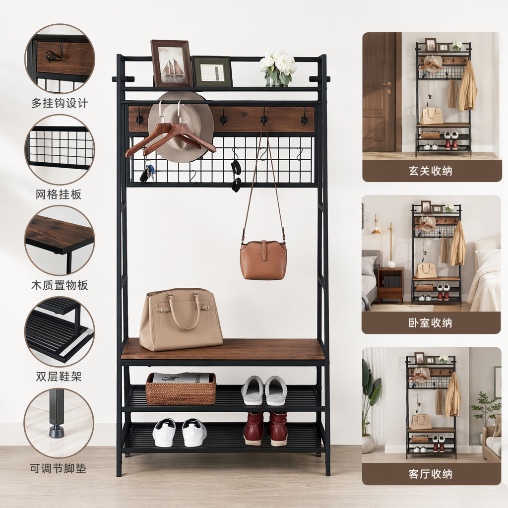 Black metal storage rack with wooden shelves, hooks, hats, hangers, keys, sunglasses, handbags and shoes for storage