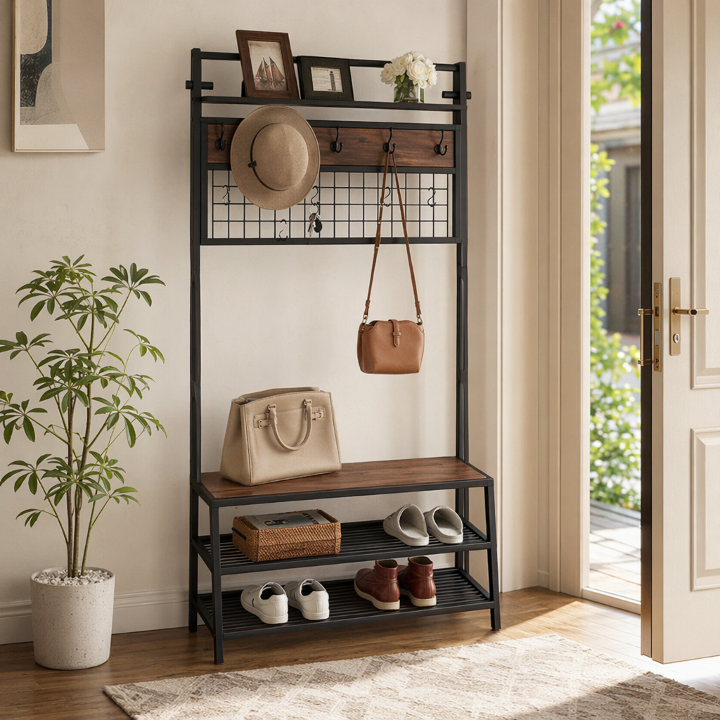 Black metal storage rack with wooden shelves, hooks, hats, hangers, keys, sunglasses, handbags and shoes for storage details Picture