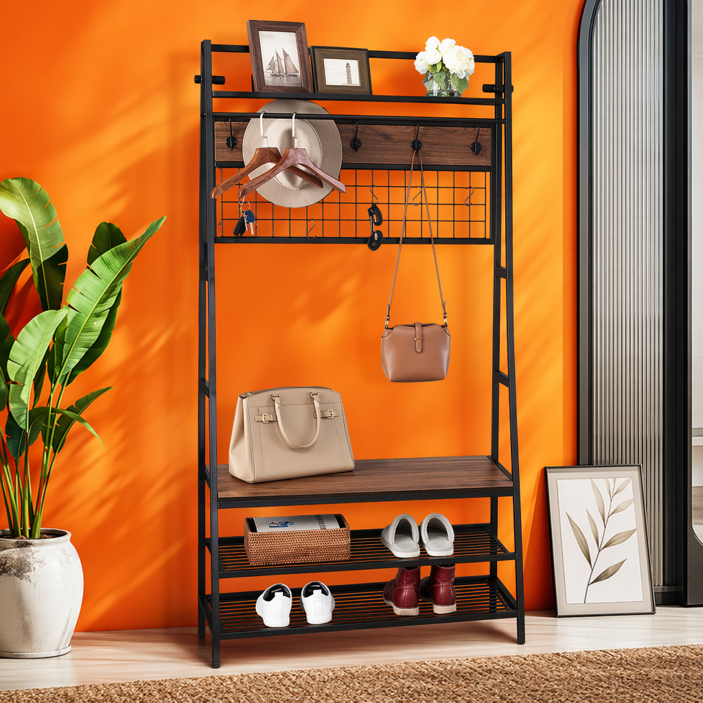 Black metal storage rack with wooden shelves, hooks, hats, hangers, keys, sunglasses, handbags and shoes for storage Specification image