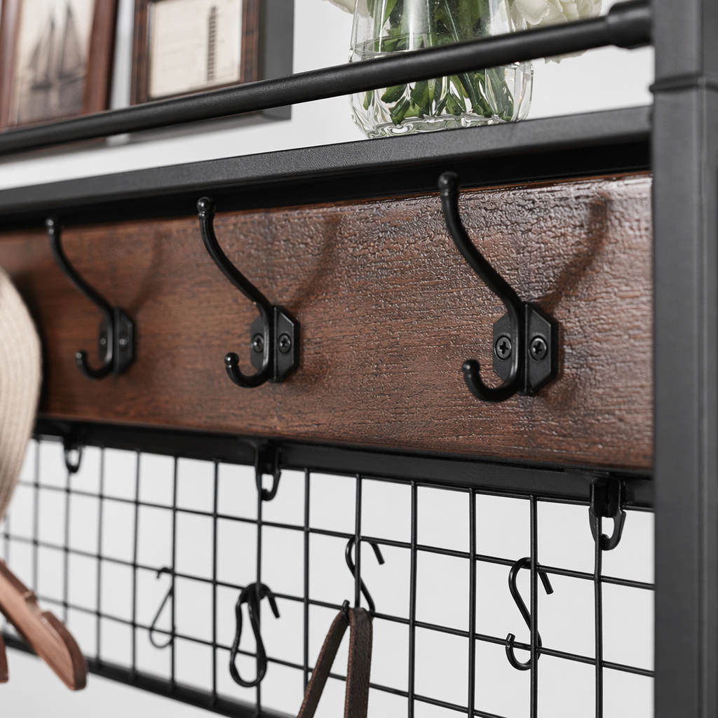 Black metal storage rack with wooden shelves, hooks, hats, hangers, keys, sunglasses, handbags and shoes for storage Application Scenario