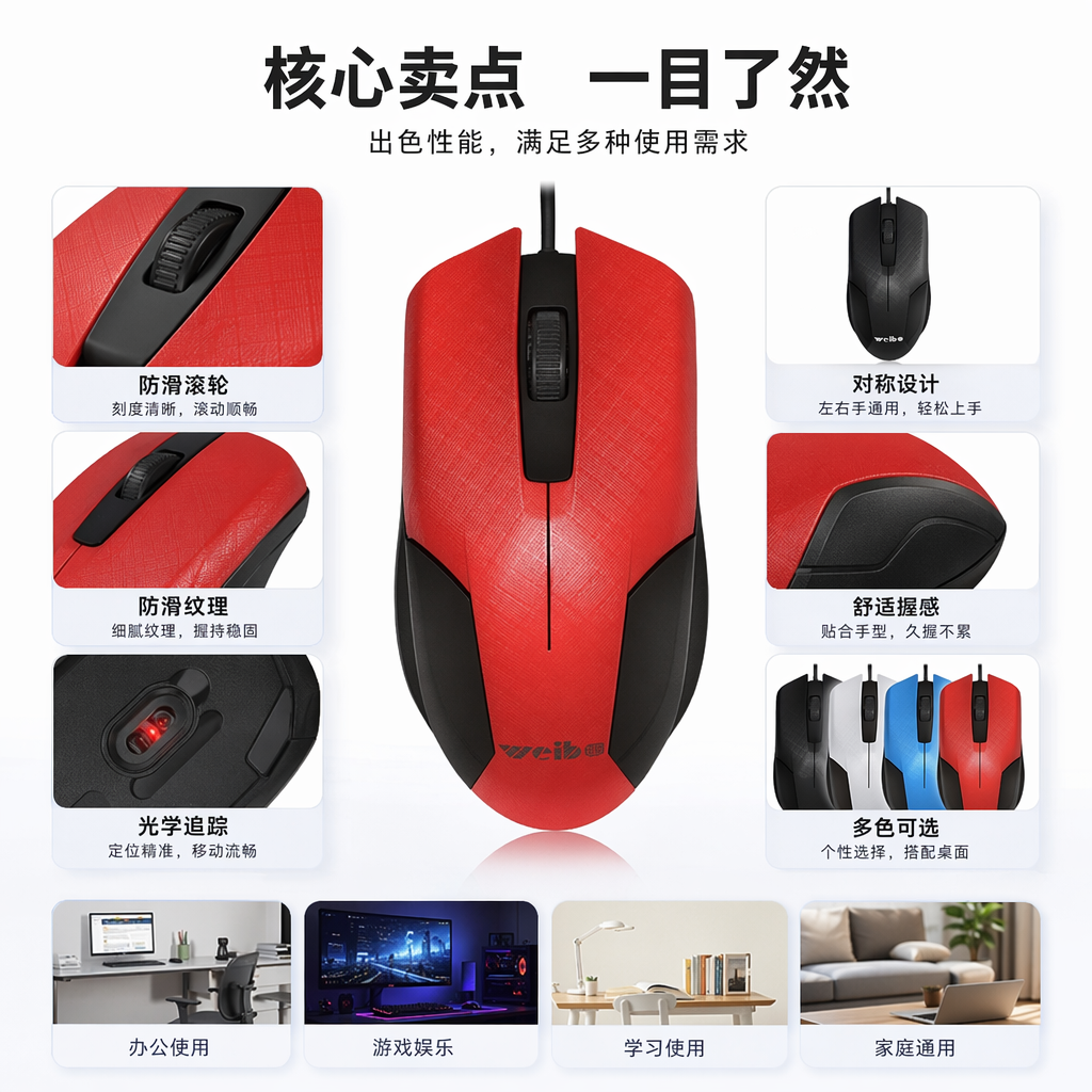 四色游戏鼠标 黑色白色蓝色红色 RGB灯效 有线电竞鼠标图