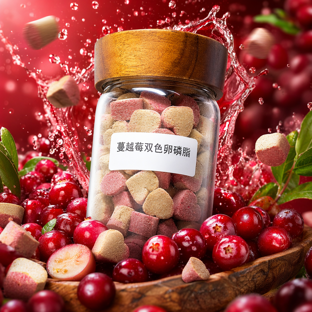 透明玻璃罐装木盖蔓越莓双色卵磷脂颗粒 Specification image