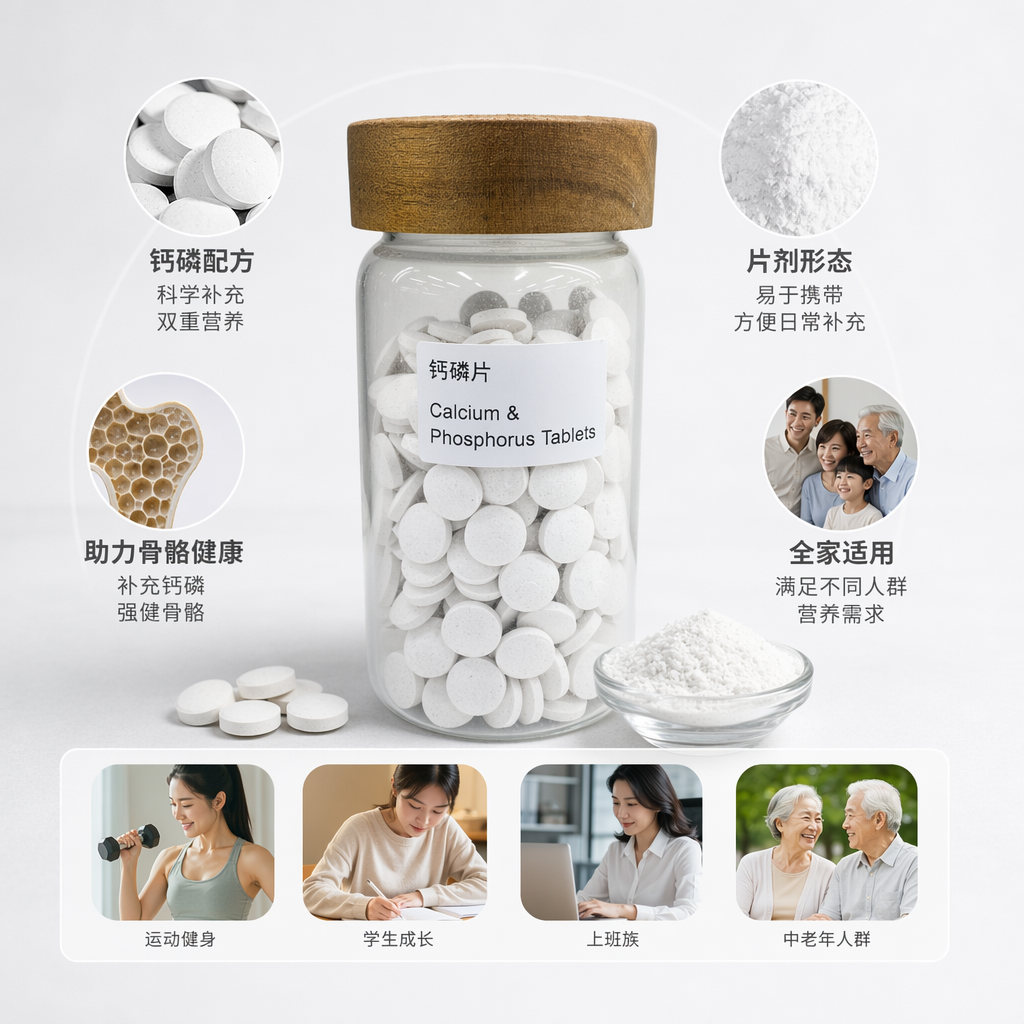Transparent glass canned calcium and phosphorus tablets are nutritional supplements for calcium and phosphorus supplementation