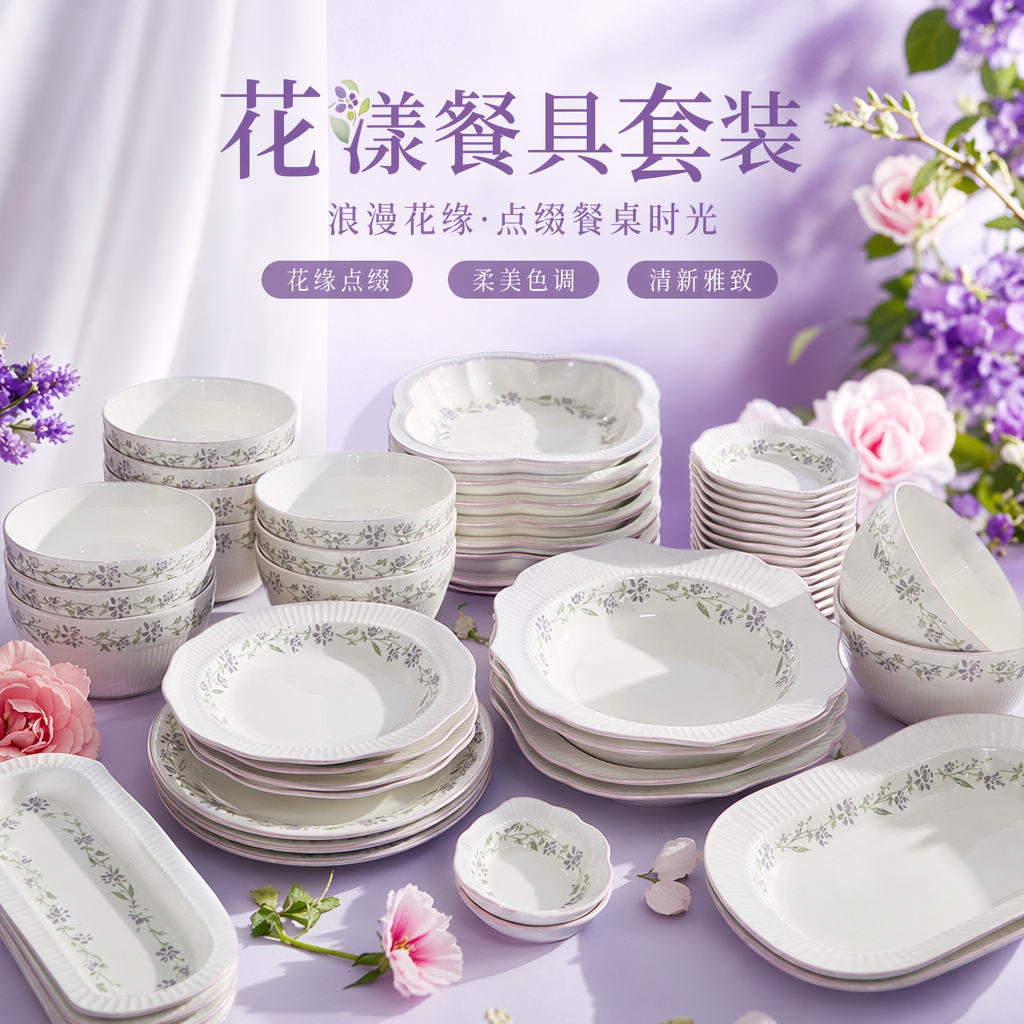 مجموعة من أدوات المائدة الخزفية ذات شكل أزهار خضراء أرجوانية Specification image