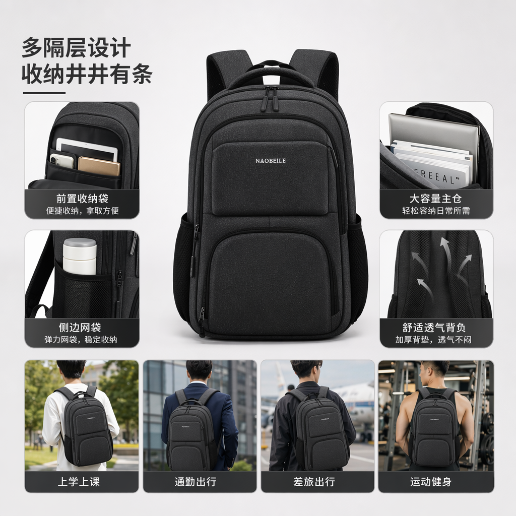 灰色双肩包简约大容量学生通勤轻便耐磨旅行背包