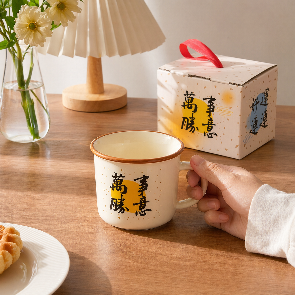 The hand-held off-white glazed earthenware cup comes with a gift box. Both the cup body and the gift box are printed with "All Good luck and continuous prosperity" details Picture