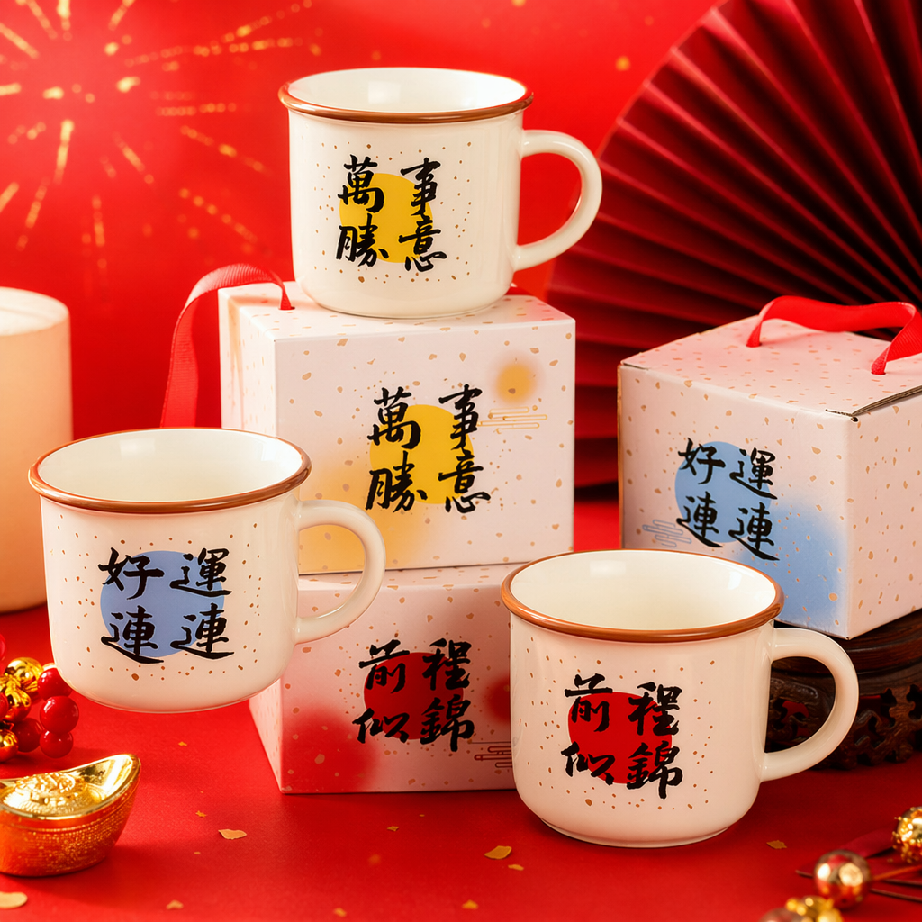 The hand-held off-white glazed earthenware cup comes with a gift box. Both the cup body and the gift box are printed with "All Good luck and continuous prosperity" Specification image