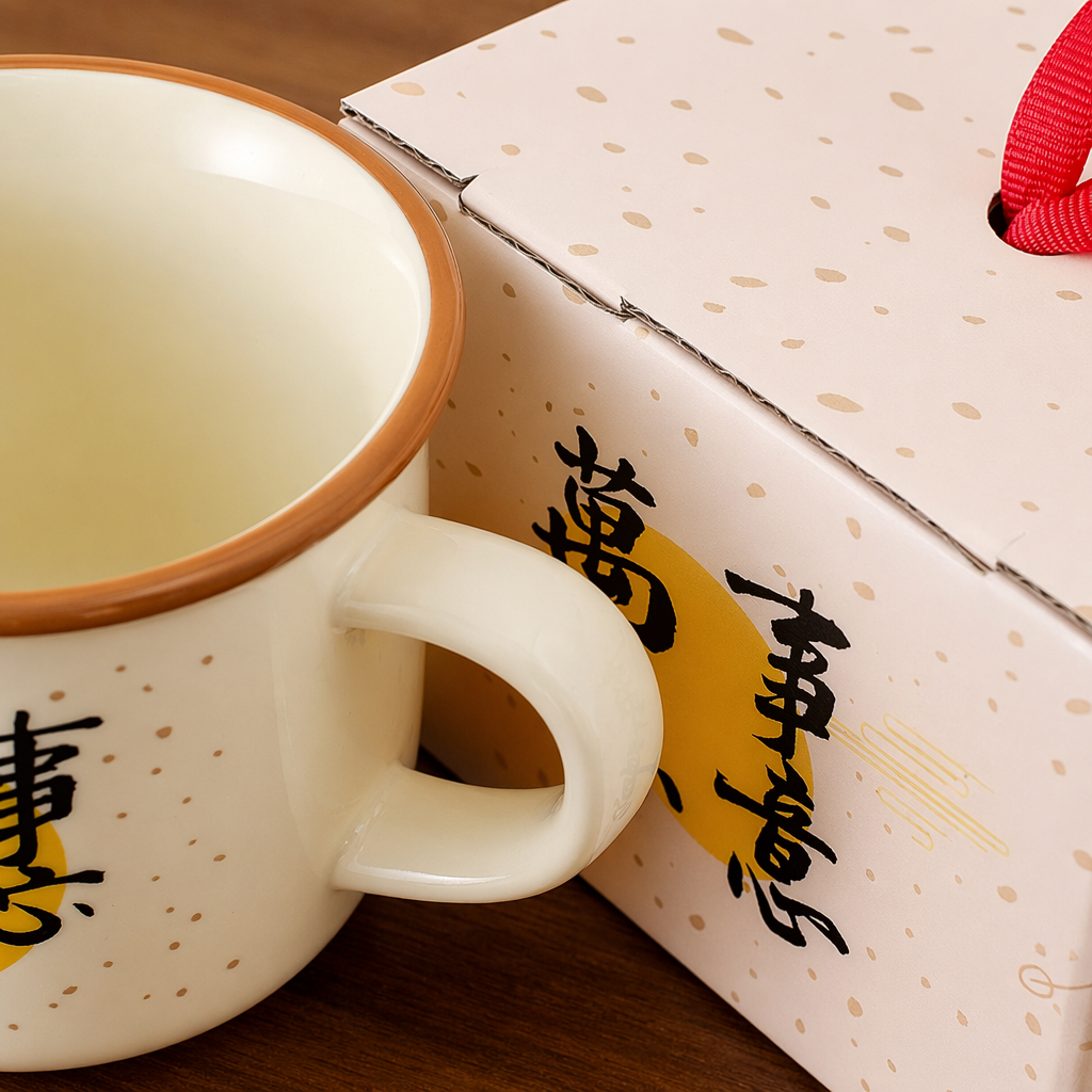 The hand-held off-white glazed earthenware cup comes with a gift box. Both the cup body and the gift box are printed with "All Good luck and continuous prosperity" Application Scenario