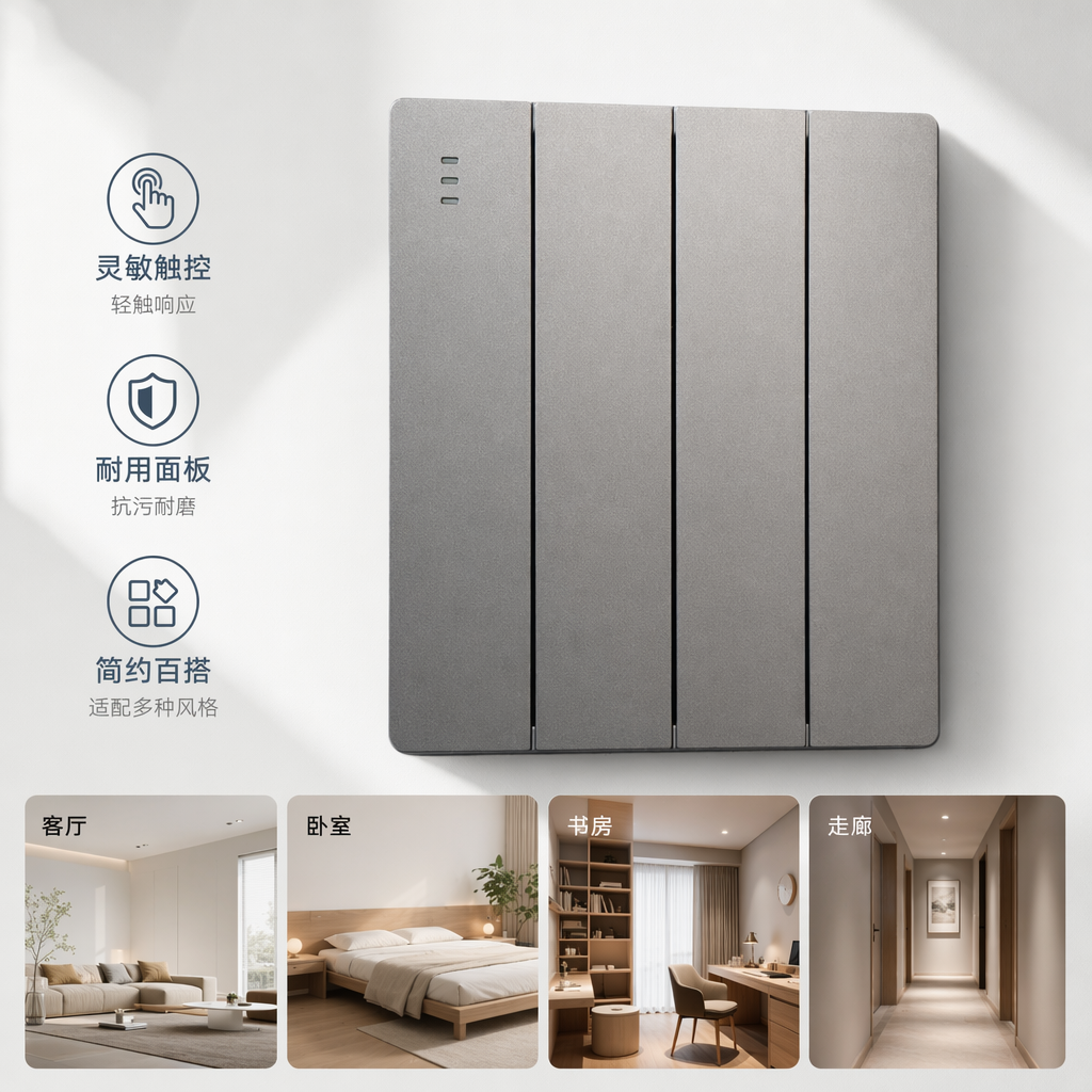 T2灰/金四联开关面板 家用墙壁开关面板 出口