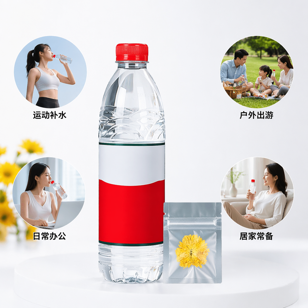 透明塑料瓶配红色瓶盖 红白标签装水 附6cm×8cm透明小袋黄色菊花