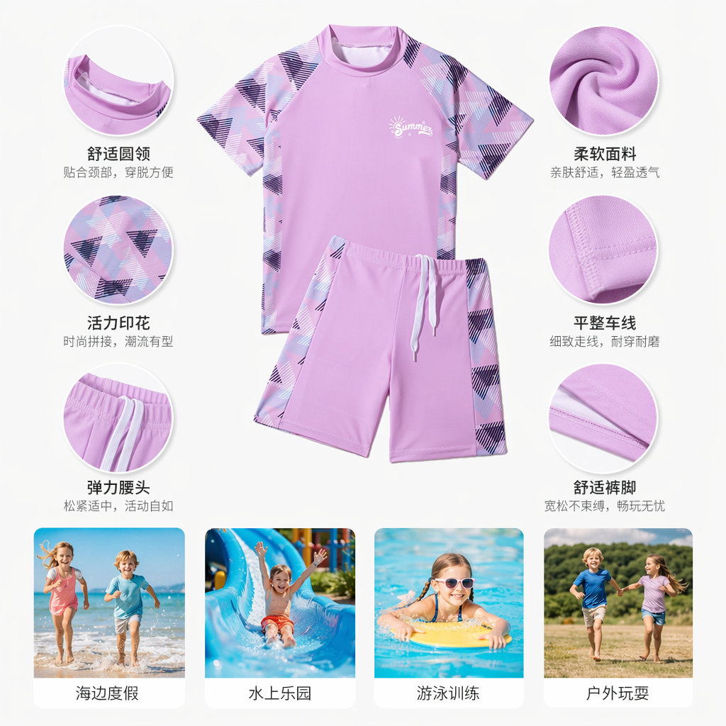 粉色女士泳衣套装 时尚修身防紫外线游泳衣两件套