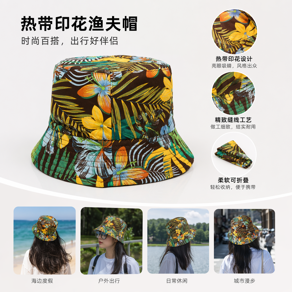 彩色热带花卉图案渔夫帽 夏日防晒遮阳帽 女士休闲草编帽