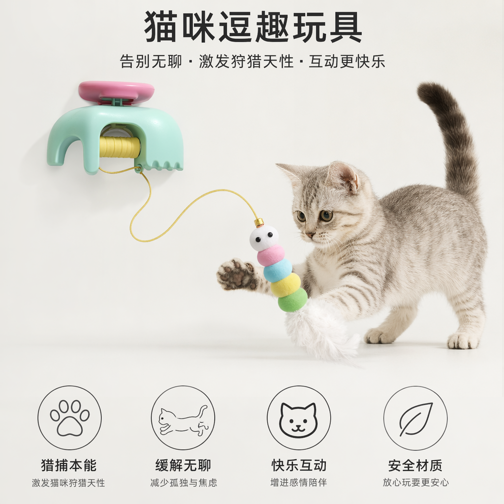 White packaging box cat toy, cat teasing stick, interactive and educational caterpillar