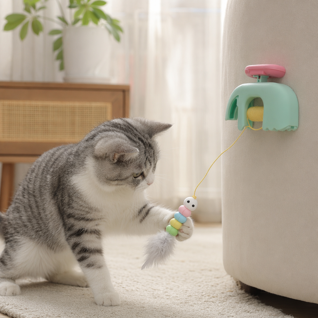 White packaging box cat toy, cat teasing stick, interactive and educational caterpillar details Picture