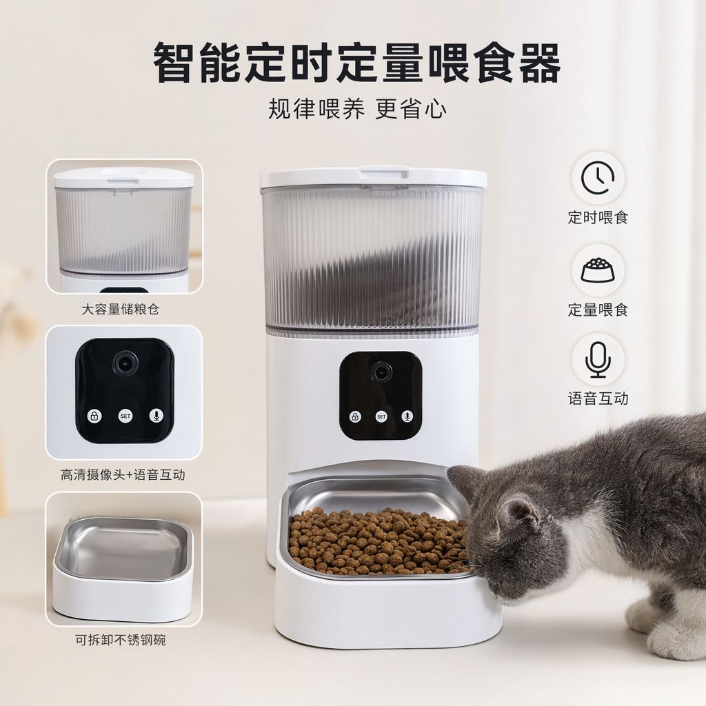白色智能宠物喂食器 定时定量自动喂食 3L大容量静音设计