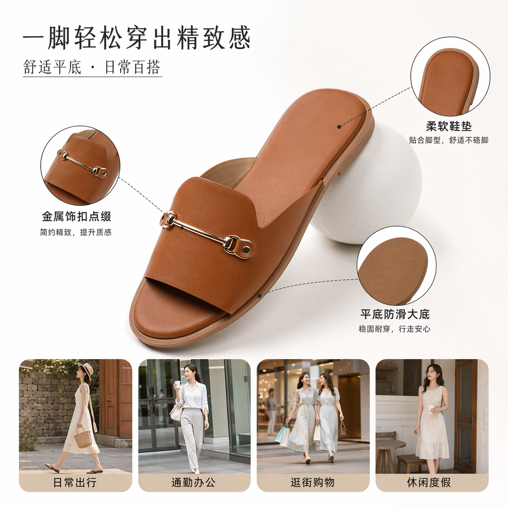 Metal horsebit buckle decorated white, brown, green and black flat open-toe slippers
