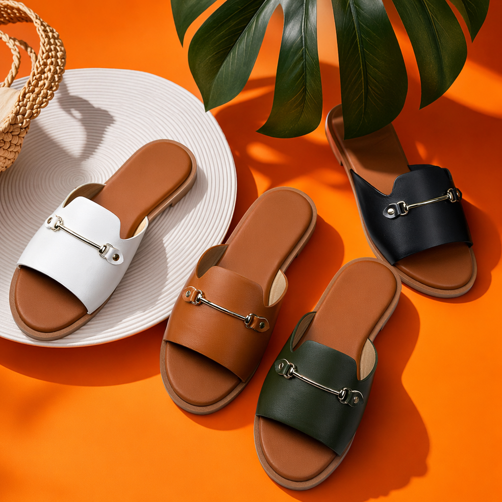 Metal horsebit buckle decorated white, brown, green and black flat open-toe slippers Specification image