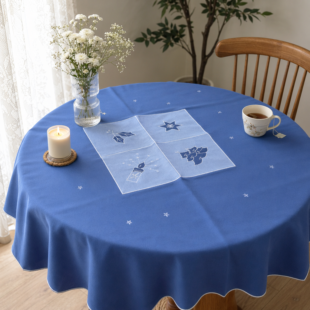 Blue tablecloths, tablecloths and placemats are for use in the living room and kitchen details Picture