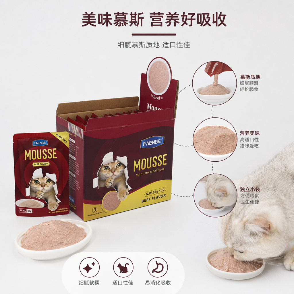 FAENBEI牛肉味慕斯猫粮红色包装盒及单包85g 