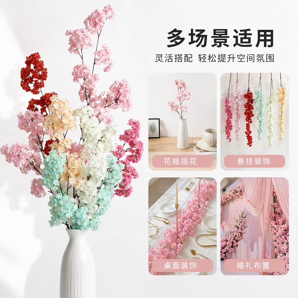 彩色仿真樱花枝 室内装饰摆件 婚庆布置花艺素材