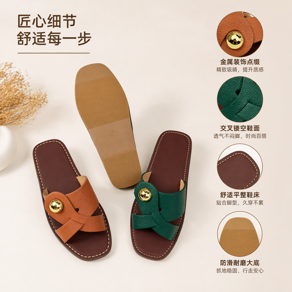 Brown and green leather flip-flops decorated with golden round buttons