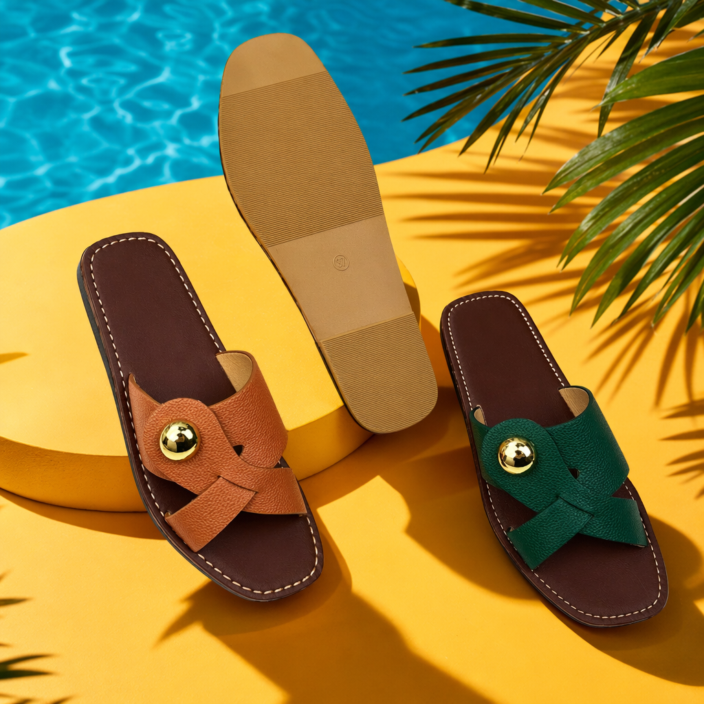 Brown and green leather flip-flops decorated with golden round buttons Specification image