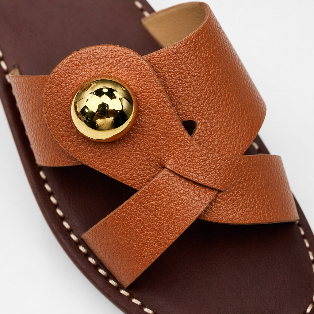 Brown and green leather flip-flops decorated with golden round buttons Application Scenario