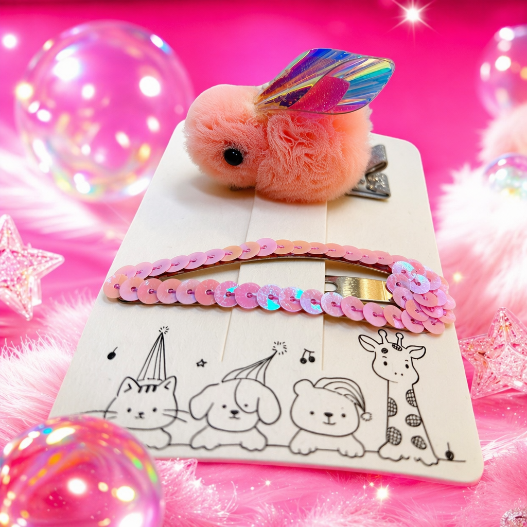 Pink plush butterfly hairpins paired with pink sequined hairpins are cute and sweet headwear for girls Specification image