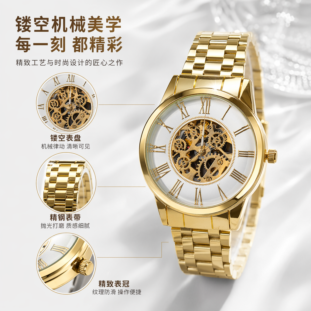 金色机械表盘手表 男士简约商务自动机械腕表