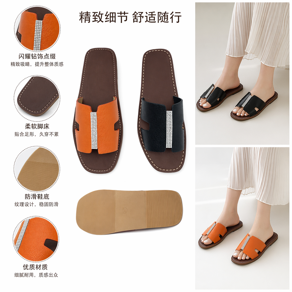 Orange and black diamond-encrusted flip-flops for women, summer anti-slip, comfortable and casual beach shoes
